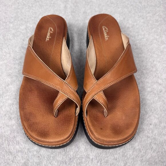 Clarks Women’s Brown Leather Slip-On Sandals Size 10 Casual Summer - Picture 7 of 9